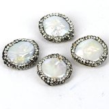 Fresh Water Coin Pearl Pave w/crystals 15mm EACH-beads incl pearls-Beadthemup