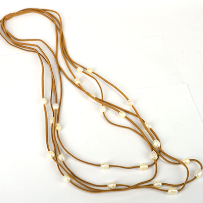 Faux Suede & 24 Fresh Water Pearl necklace Tan 87cm