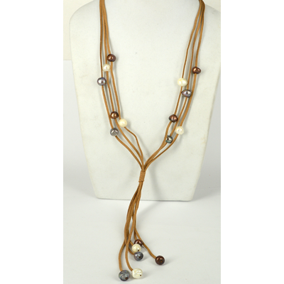 Faux Suede & 18 Fresh Water Pearl necklace Tan 72cm +20cm tassel