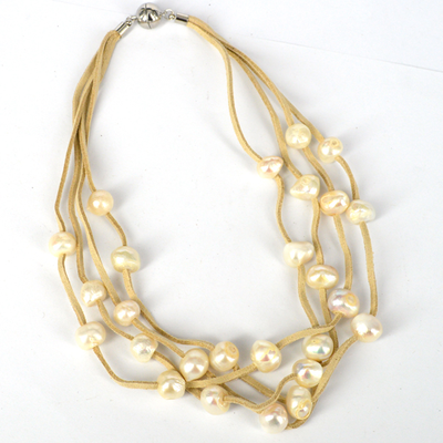 Faux Suede & 27 Fresh Water Pearl necklace Magnetic clasp Cream 48cm