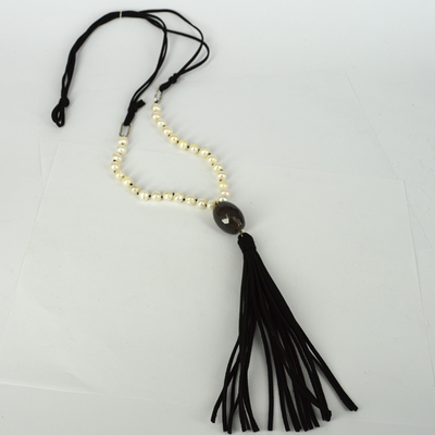 Faux Suede, Agate & 28 Fresh Water Pearl necklace Black 94cm + Tassel