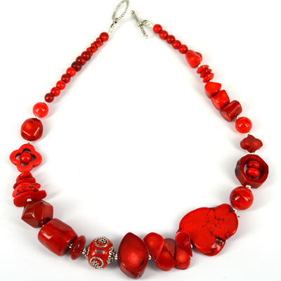 Red Coral, Howlite glass bead necklace 46cm
