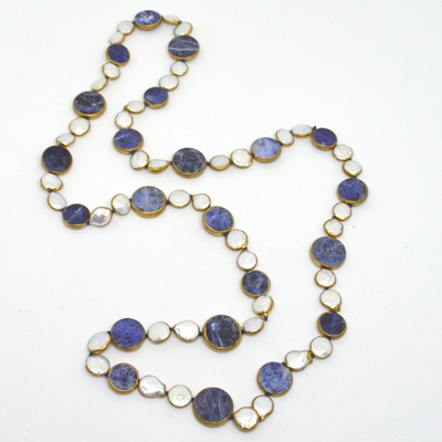 Sodalite and Pearl copper Bezel Necklace 90cm 