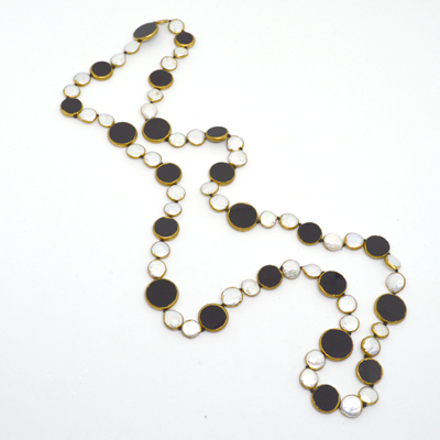 Onyx and Pearl copper Bezel Necklace 90cm 