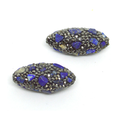 Pave Crystal and Lapis Bead Olive 35x15mm EACH BEAD