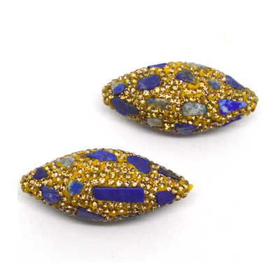 Pave Crystal and Lapis Bead Olive 35x15mm EACH BEAD