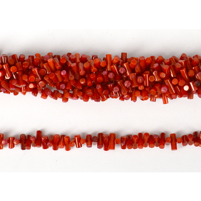 Coral Red centre drill tube 8x3mm strand 130 beads