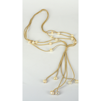 Faux Suede & 18 Fresh Water Pearl necklace Cream 72cm +20cm tassel