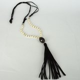 Faux Suede, Agate & 28 Fresh Water Pearl necklace Black 94cm + Tassel-necklaces-Beadthemup