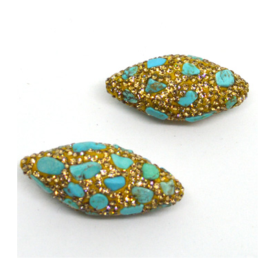 Pave Crystal and Turquoise Bead Olive 35x15mm EACH BEAD