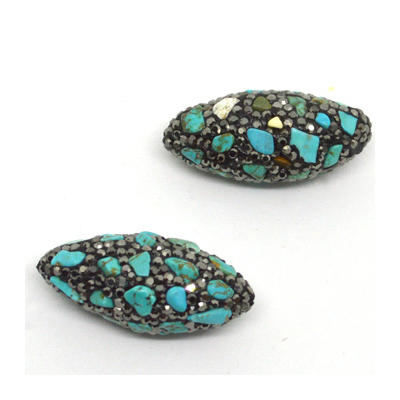 Pave Crystal and Turquoise Bead Olive 35x15mm EACH BEAD