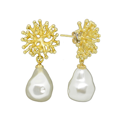 Coral Branch Pearl Gold Earrings