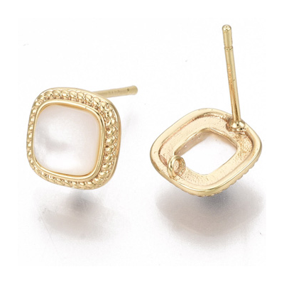 18k Gold plated Brass S.Silver Pin Mother of Pearl stud 9mm 1 pair with back