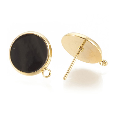 18k Gold plated Brass black resin stud 14mm 1 pair with back