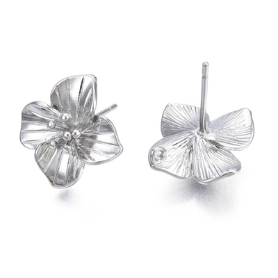 Platinum plated Brass S.SILVER PIN Flower stud 11mm 1 pair with back