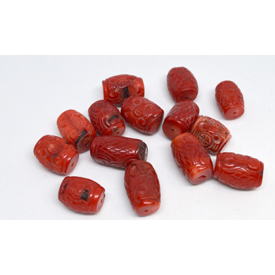 Coral Red Carved Barrel approx 16x14mm EACH BEAD