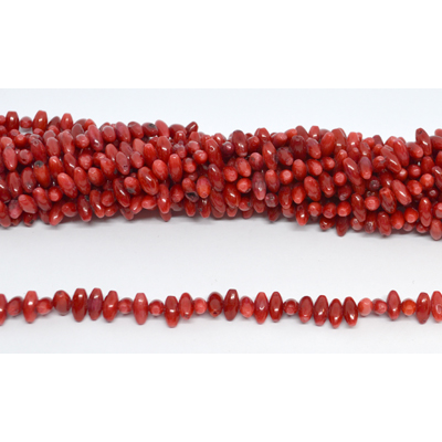 Coral Red side drill olive 8x5mm strand 100 beads