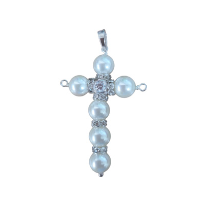 Sterling Silver Bail, CZ and Shell Pearl Cross pendant 58mm 