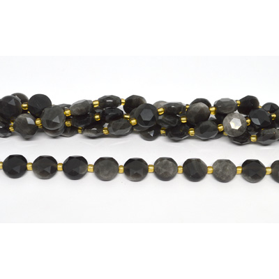 Silver Obsidian Faceted Coin 10mm strand 32 beads