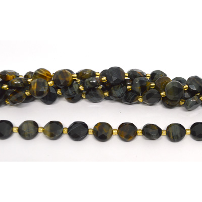 Tiger Eye yellow blue Faceted Coin 10mm strand 32 beads