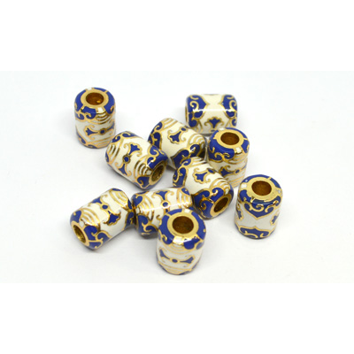 Cloisonne white/Navy  11x9mm gold 4mm hole 2 pack