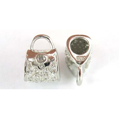 Sterling Silver Bead Handbag CZ 12x9mm Rh plte