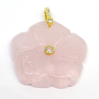 Rose Quartz Carved flower 30mm pendant with bail