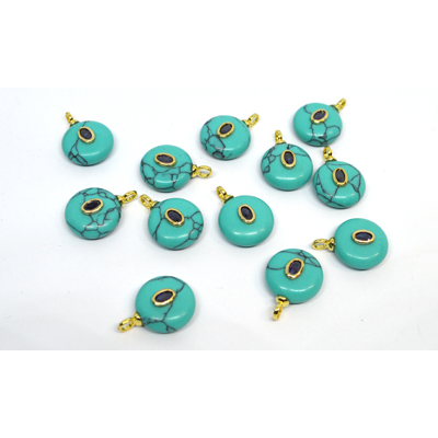 Faux Turquoise 16mm flat round  pendant with bail