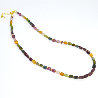 Watermelon Tourmaline rectangle approx 6x4mm  gold plated 925 necklace 44-48cm