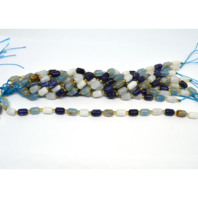 Multi stone blue and moonstone barrel 6x9mm strand 17 beads
