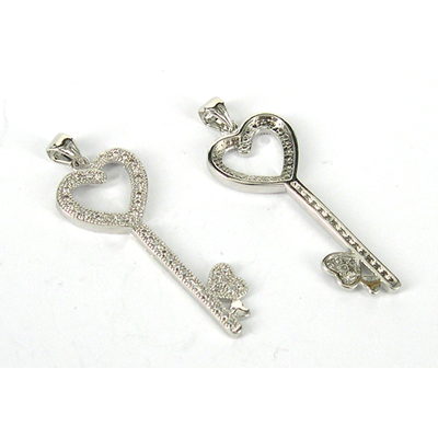 Rhodium  plate brass CZ Pendant Key 42x14mm